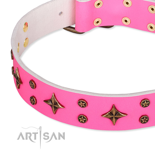 Snugly fitted leather dog collar with extra sturdy durable set of hardware