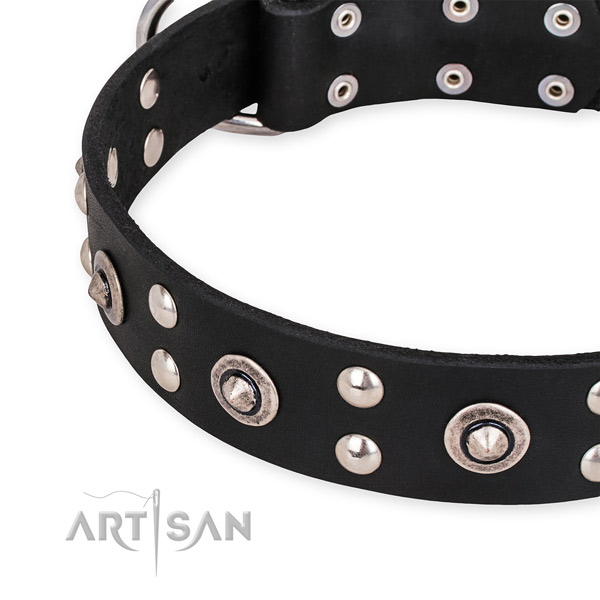 Easy to adjust leather dog collar with extra sturdy non-rusting set of hardware