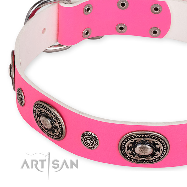 Easy to adjust leather dog collar with resistant to tear and wear non-rusting hardware
