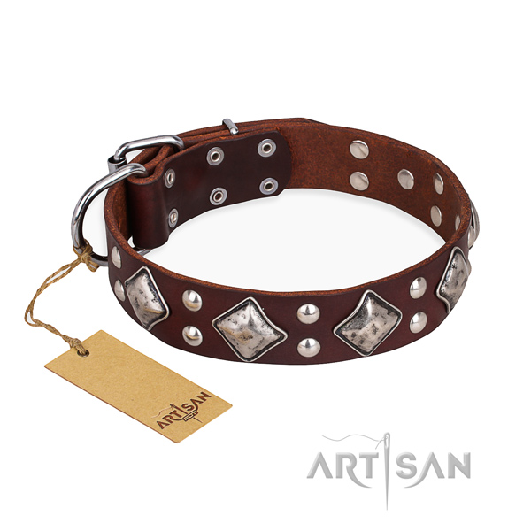 Amazing design decorations on natural genuine leather dog collar