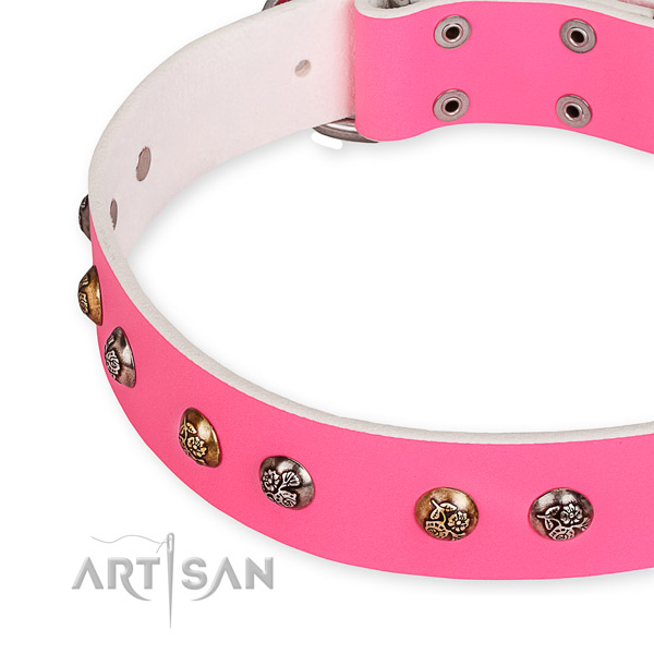 Easy to use leather dog collar with almost unbreakable chrome plated buckle and D-ring