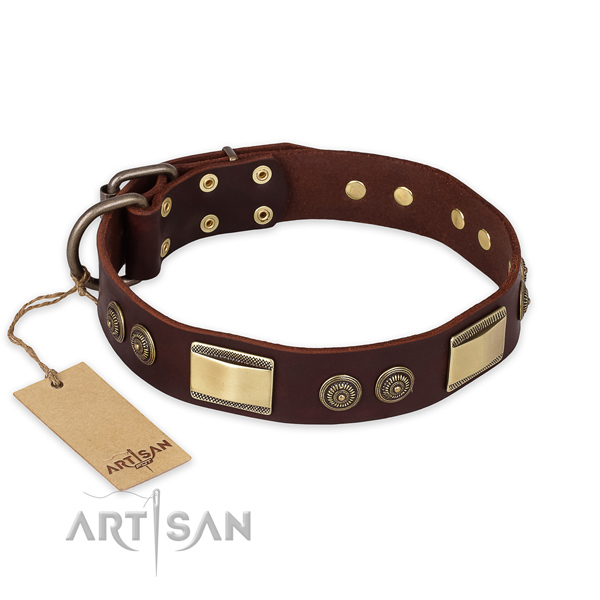 Unique design studs on natural genuine leather dog collar