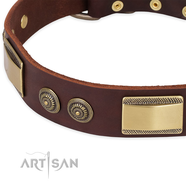 Everyday use natural genuine leather collar with corrosion resistant buckle and D-ring