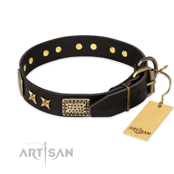 Awesome design adornments on natural genuine leather dog collar