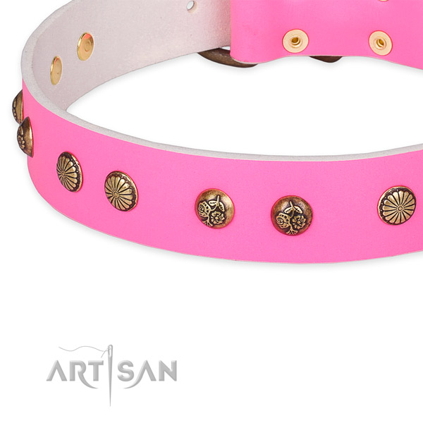 Easy to put on/off leather dog collar with resistant to tear and wear non-rusting buckle and D-ring