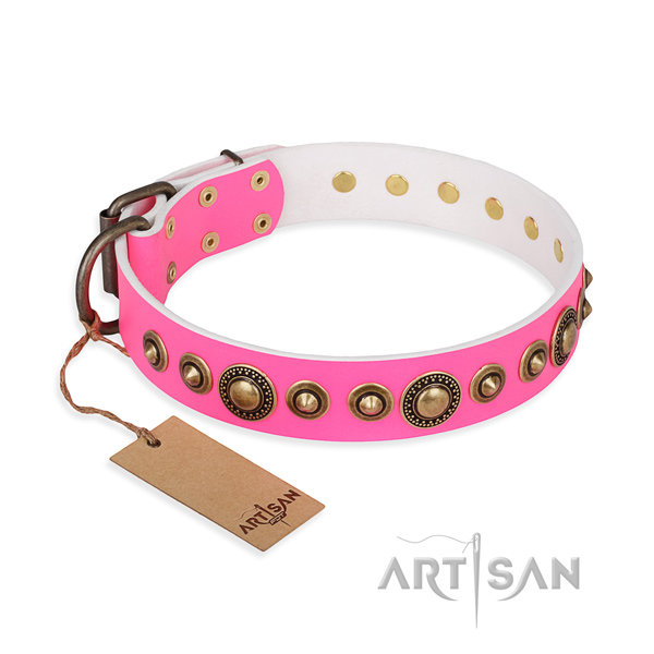 Exceptional design decorations on natural genuine leather dog collar