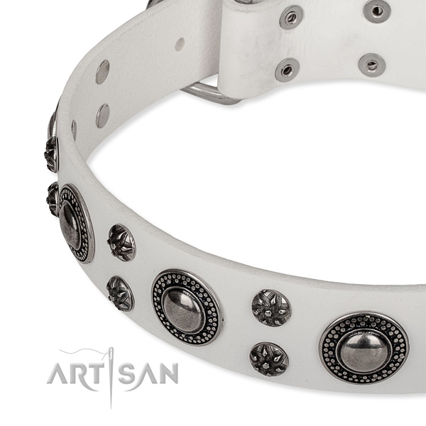 Adjustable leather dog collar with resistant non-rusting hardware