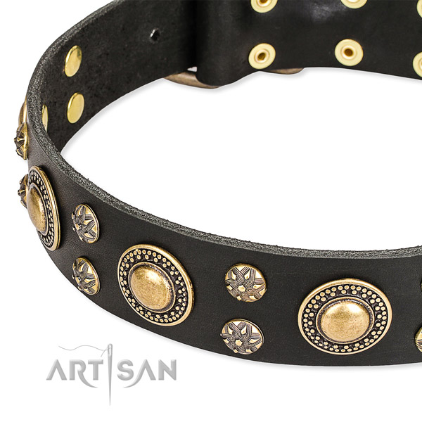 Adjustable leather dog collar with resistant to tear and wear buckle and D-ring