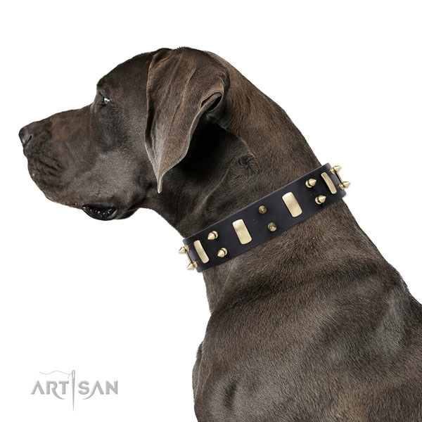 Great Dane stylish natural genuine leather dog collar for handy use