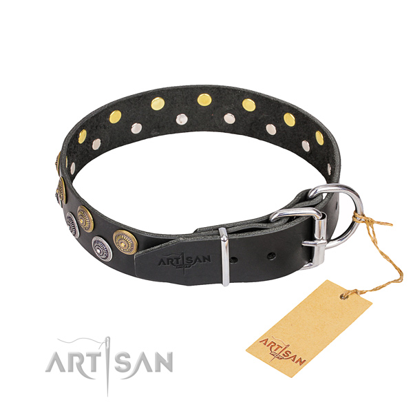 Indestructible leather dog collar with sturdy details