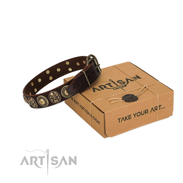 Decorated full grain natural leather dog collar for comfortable wearing