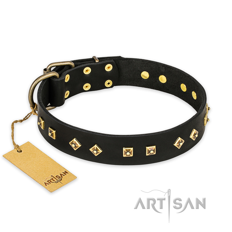 'Rhomb Style' FDT Artisan Great Dane Black Leather Dog Collar with Old Bronze-Like Plated Studs 1 1/2 inch (40 mm) Wide