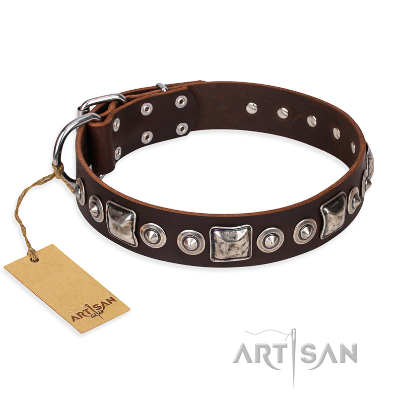 'Pierian spring' FDT Artisan Brown Leather Great Dane Dog Collar with Silvery Decorations - 1 1/2 inch (40 mm) wide