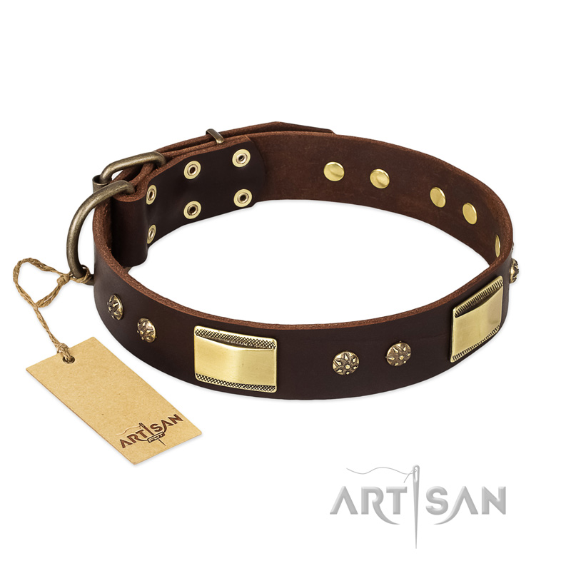 FDT Artisan 'Rich Fashion' Decorated Leather Great Dane Collar with Plates and Studs - 1 1/2 inch (40 mm) wide