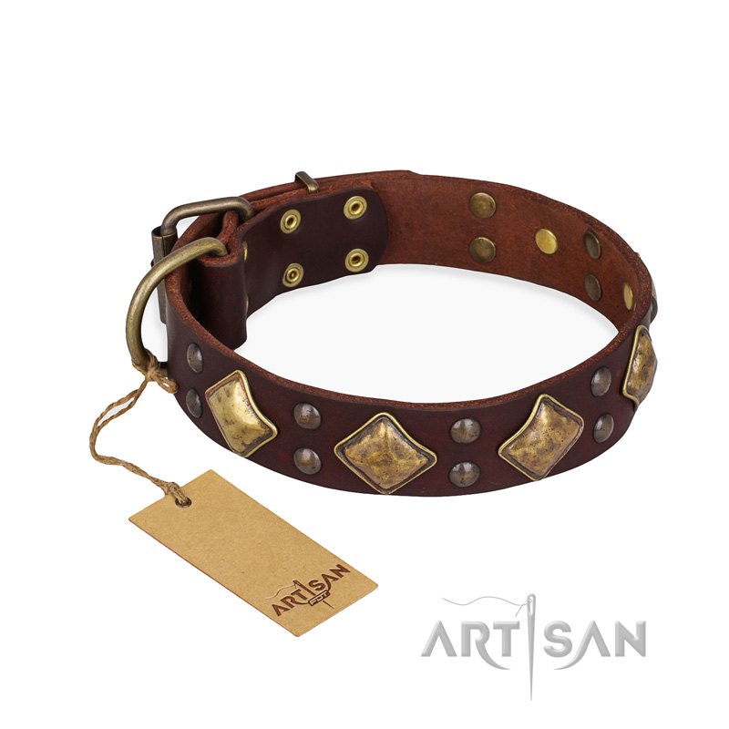 'Golden Square' FDT Artisan Brown Leather Great Dane Collar with Large Squares - 1 1/2 inch (40 mm) wide
