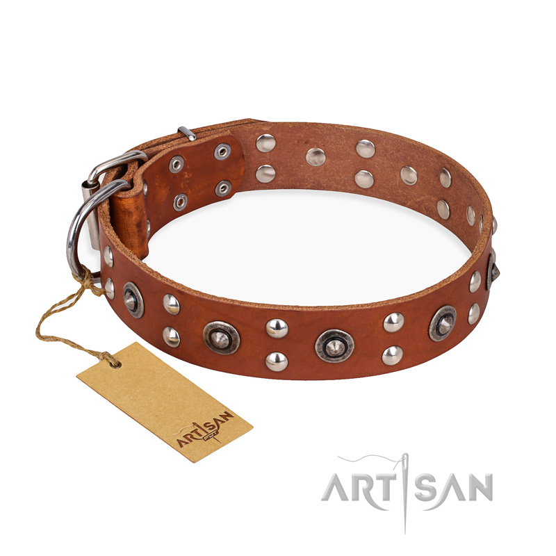 'Silver Elegance' FDT Artisan Tan Leather Great Dane Collar with Studs and Cones 1 1/2 inch (40 mm) Wide