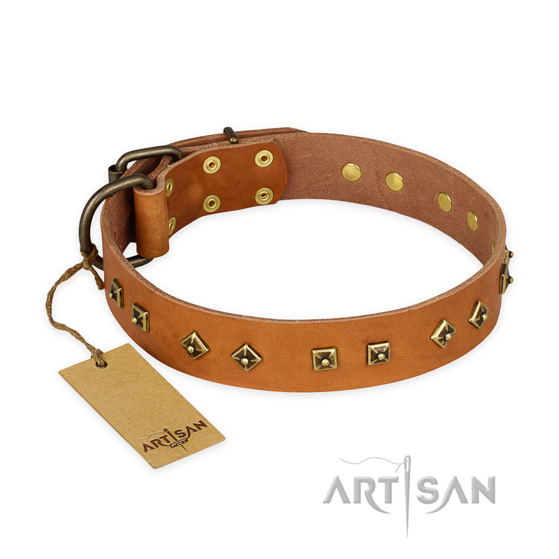'Autumn Story' FDT Artisan Tan Leather Great Dane Collar with Old Bronze Look Studs - 1 1/2 inch (40 mm) wide