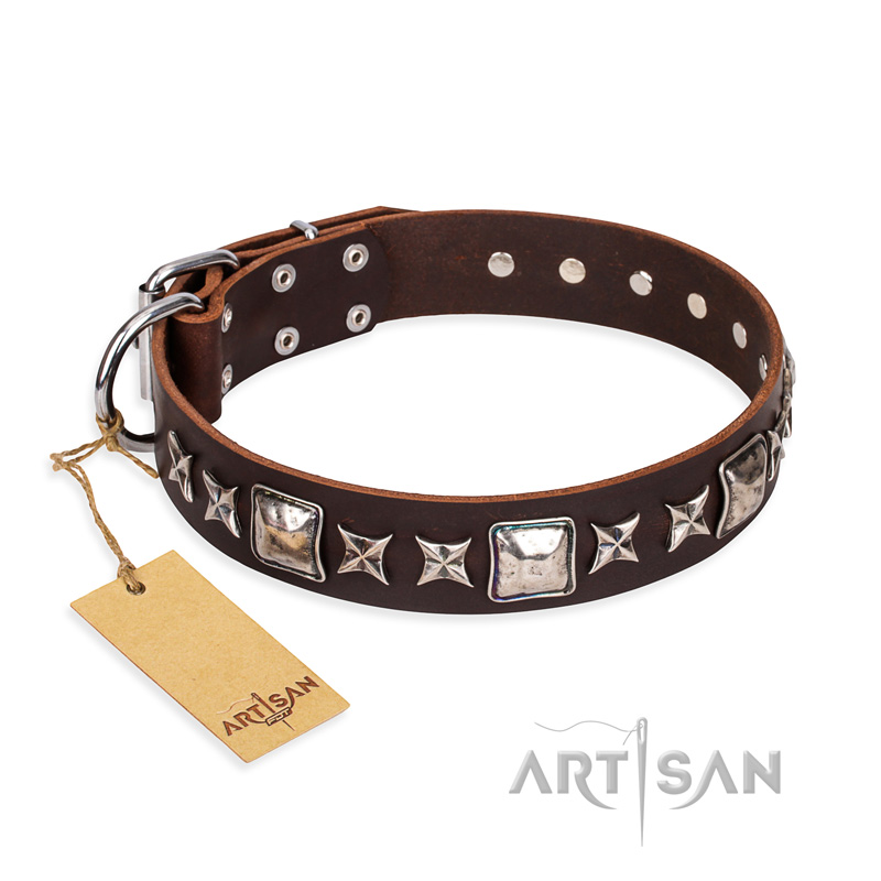 'Perfect Impression' FDT Artisan Brown Leather Great Dane Collar with Silvery Square Studs - 1 1/2 inch (40 mm) Wide