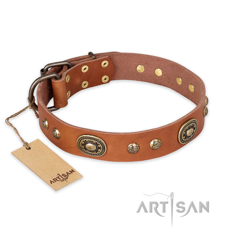 'Stunning Dress' Wide FDT Artisan Tan Leather Collar with Bronze-like Decor for Great Dane - Click Image to Close