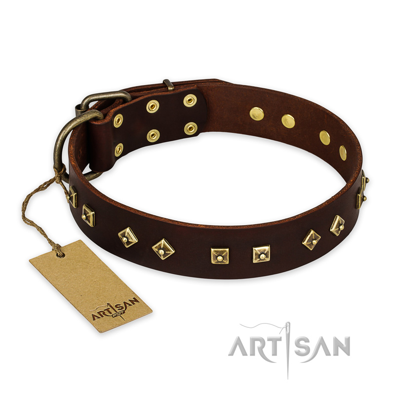 'Fashion Studs' FDT Artisan Decorated Brown Leather Great Dane Collar with Steel Hardware 1 1/2 inch (40 mm) Wide
