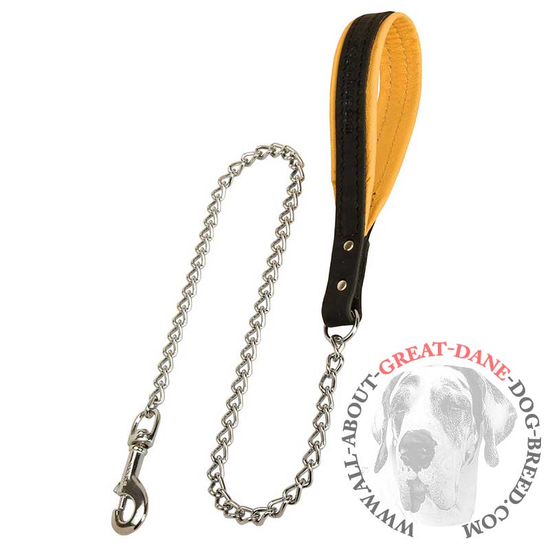 Large Great Dane Leash with Leather Padded Handle and HS snap hook and chain - Click Image to Close