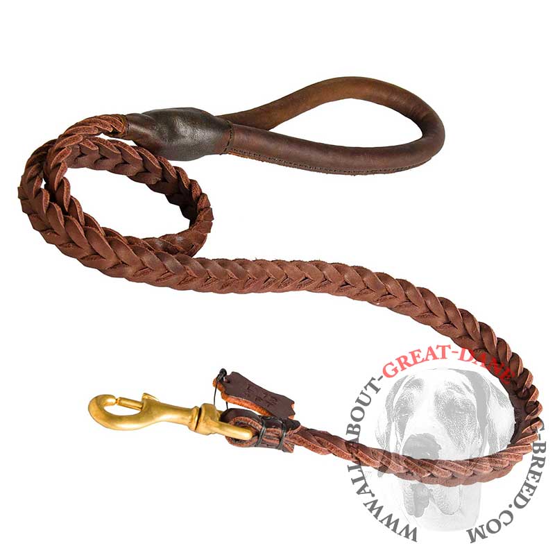 Braided Leather Great Dane Leash with Round Handle