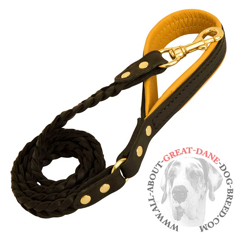 Braided Designer Leather Great Dane Leash with Nappa Padded Handle