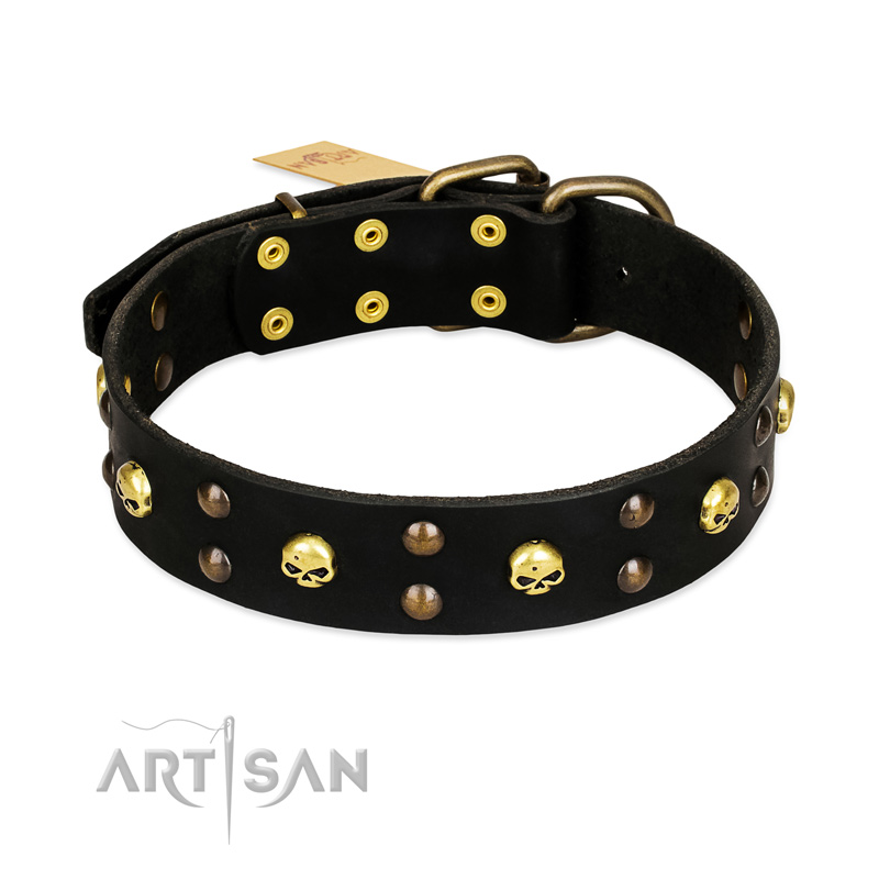 FDT Artisan 'Heavy Metal' Decorated Leather Great Dane Collar with Skulls and Studs 1 1/2 inch (40 mm)