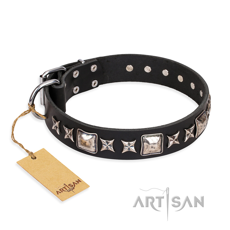 'Space Walk' FDT Artisan Black Leather Great Dane Dog Collar with Adornments