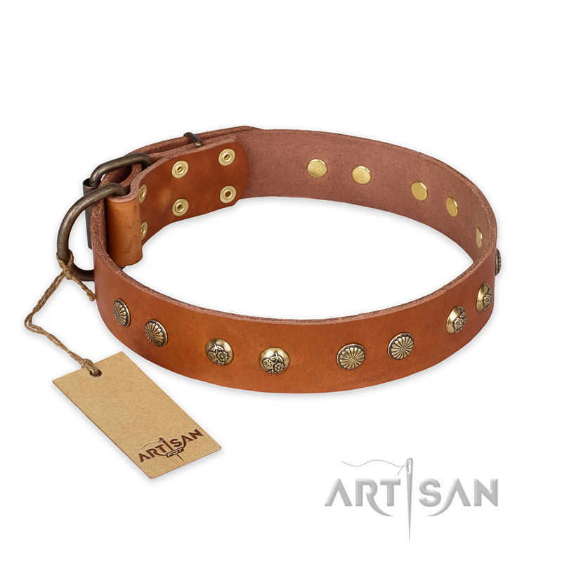 'Spring Flavor' FDT Artisan Great Dane Tan Leather Dog Collar with Old Bronze-Like Plated Engraved Studs 1 1/2 inch (40 mm) wide
