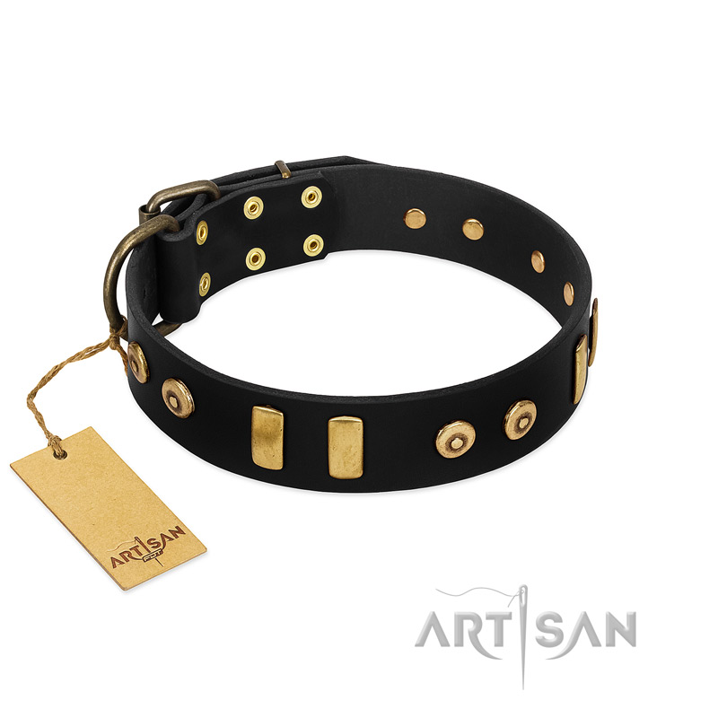 "Rare Dog" FDT Artisan Black Leather Great Dane Collar with Old Bronze-like Dotted Studs and Tiles