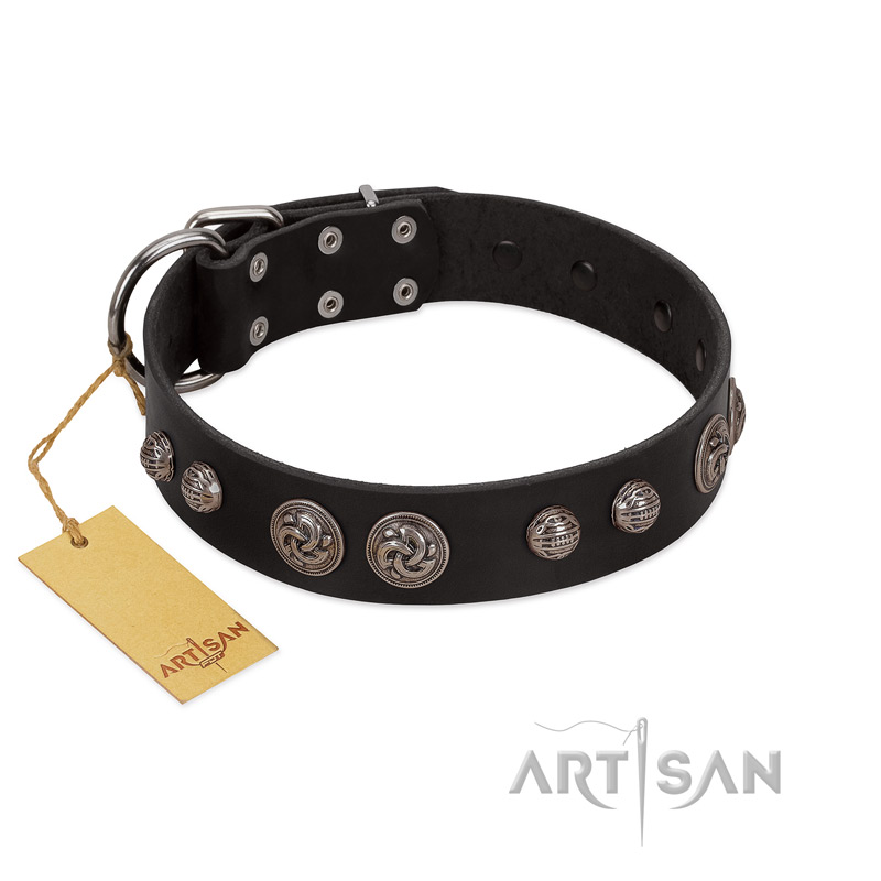 "Tricky Ricky" FDT Artisan Black Leather Great Dane Collar Adorned with Silver-Like Conchos