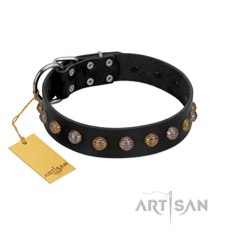 "Inky Prettification" FDT Artisan Black Leather Great Dane Collar with One Row of Studs