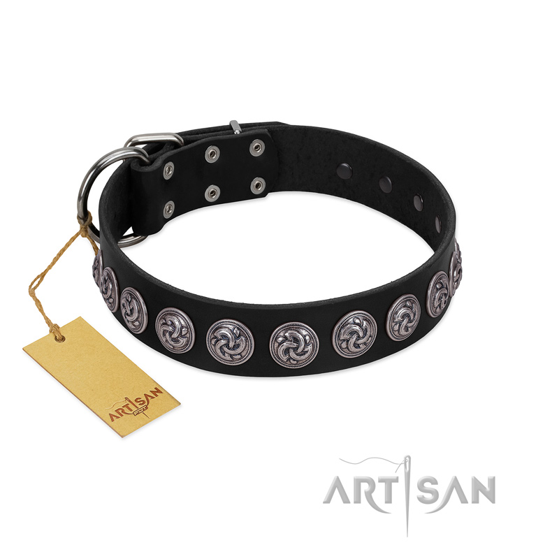 "Black Raven" Handmade FDT Artisan Black Leather Great Dane Collar with Silver-Like Adornments