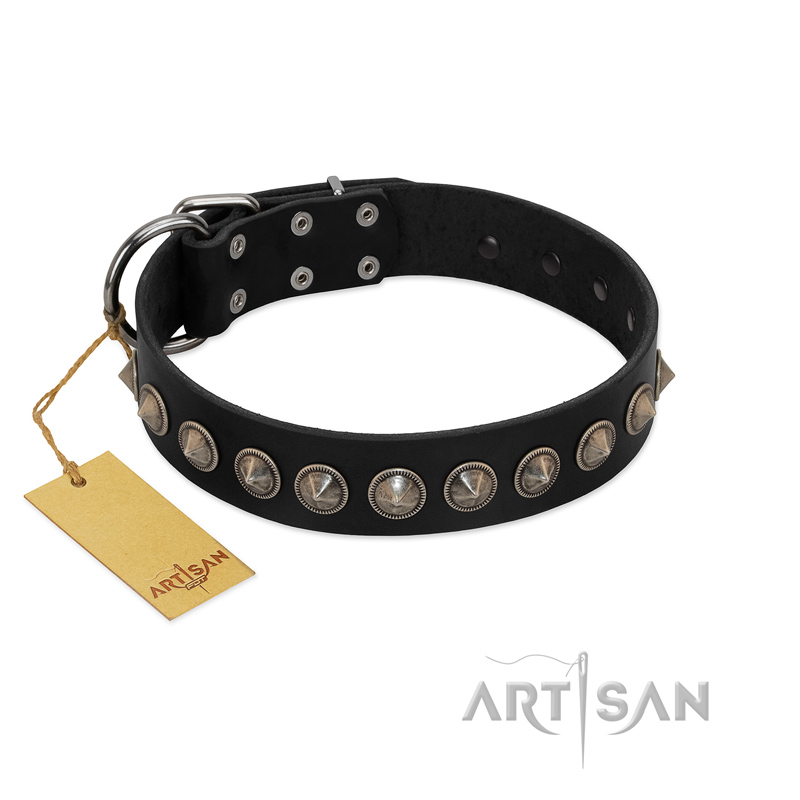 "Black Eagle" Handcrafted FDT Artisan Black Leather Great Dane Collar with Silver-Like Adornments