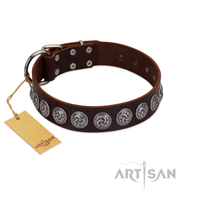 "Charming Circles" FDT Artisan Brown Leather Great Dane Collar with Silver-like Studs