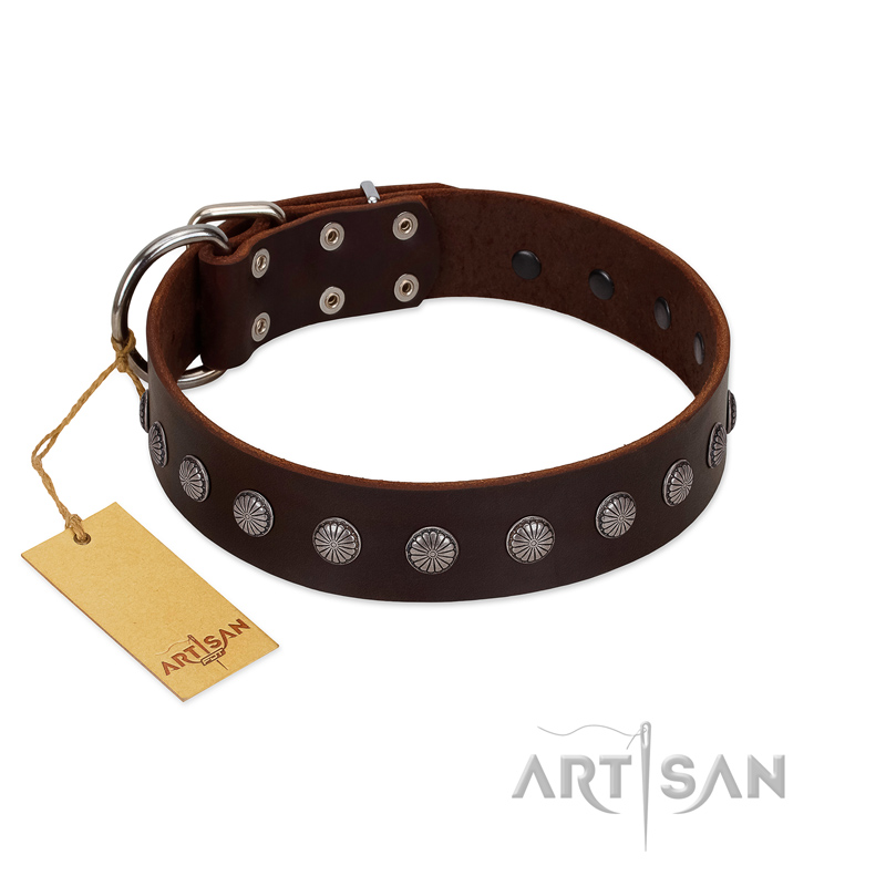 "Spring Flower" Stylish FDT Artisan Brown Leather Great Dane Collar for Comfy Walks - Click Image to Close