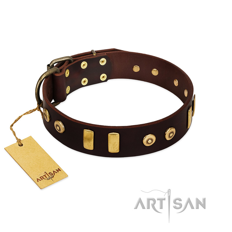 "Lord of Dogs" FDT Artisan Brown Leather Great Dane Collar with Old Bronze-like Dotted Studs and Tiles