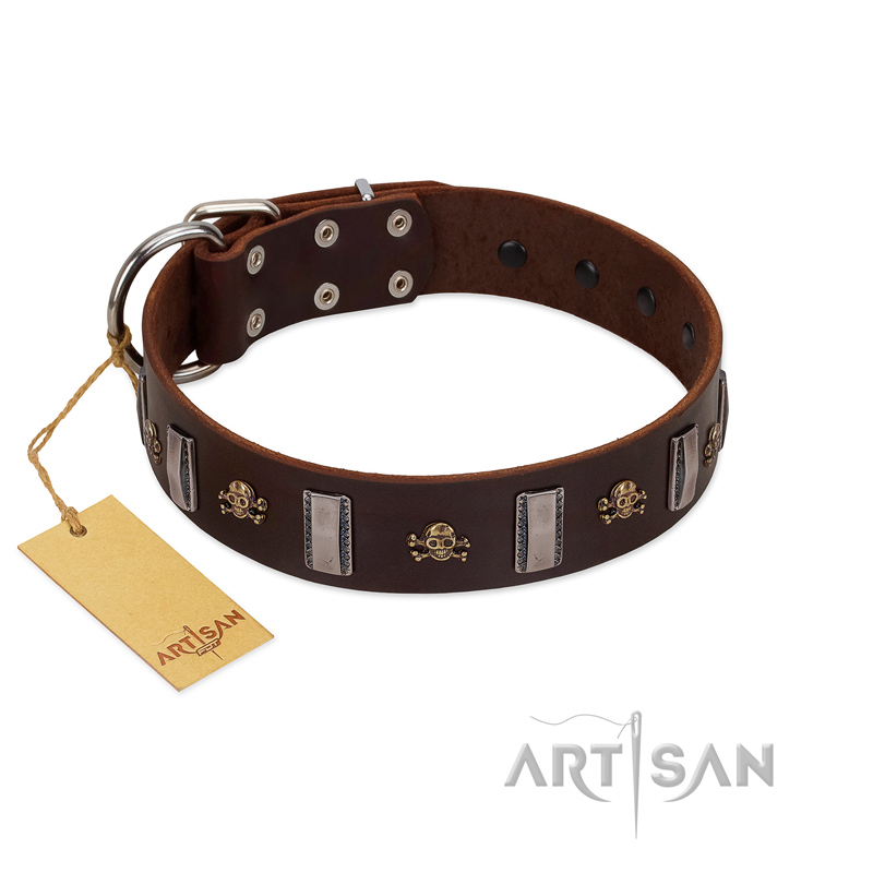 "War Chief" FDT Artisan Genuine Brown Leather Great Dane Collar with Skulls and Plates - Click Image to Close