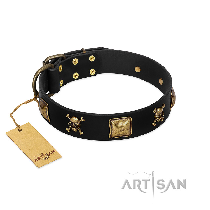 "Welcome on Board" FDT Artisan Black Leather Great Dane Collar with Skulls and Crossbones Combined with Squares