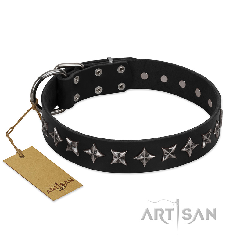 "Lights-out" FDT Artisan Black Leather Great Dane Collar with Silver-like Set of Stars