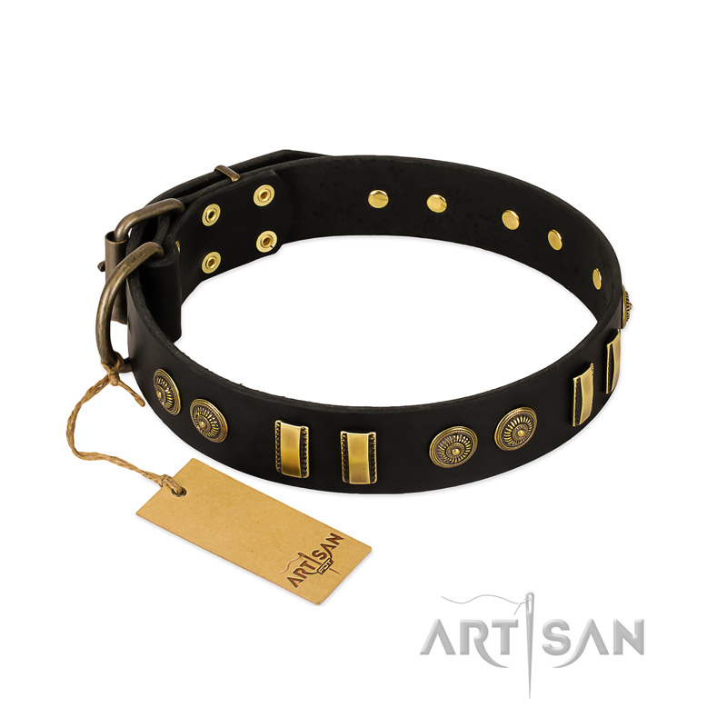 "Simple Elegance" FDT Artisan Black Leather Great Dane Collar with Old Bronze-like Plates and Circles