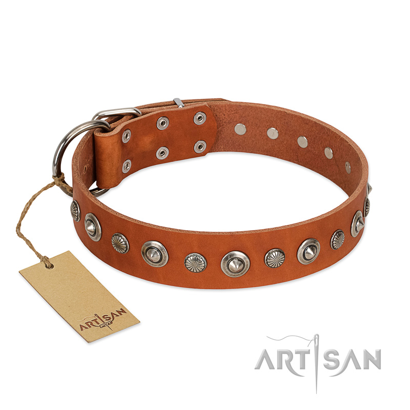 "Gorgeous Roundie" FDT Artisan Tan Leather Great Dane Collar with Chrome-plated Circles