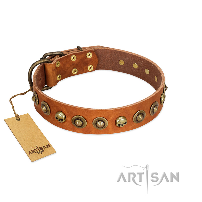 "Prez of the Pack" FDT Artisan Tan Leather Great Dane Collar with Skulls and Brooches