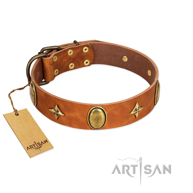 "Space Warrior" FDT Artisan Tan Leather Great Dane Collar with Ovals and Stars - Click Image to Close
