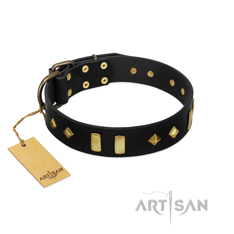 "De Luxe" FDT Artisan Black Leather Great Dane Collar with Old Bronze-like Plates and Studs - Click Image to Close