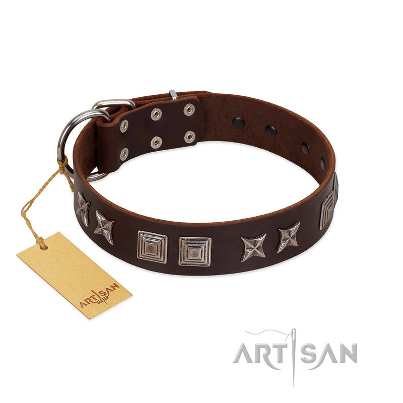 "Needle Stories" Modern FDT Artisan Brown Leather Great Dane Collar with Square Engraved Plates and Four-Point Stars - Click Image to Close