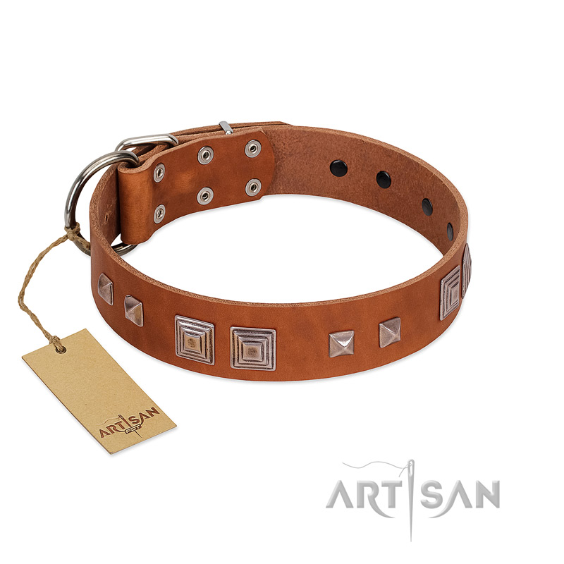 "Egyptian Gifts" Handmade FDT Artisan Tan Leather Great Dane Collar with Chrome-plated Pyramids