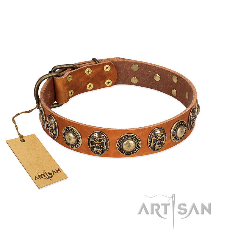 "Golden Epoch" FDT Artisan Tan Leather Great Dane Collar with Old Bronze-plated Medallions and Conchos