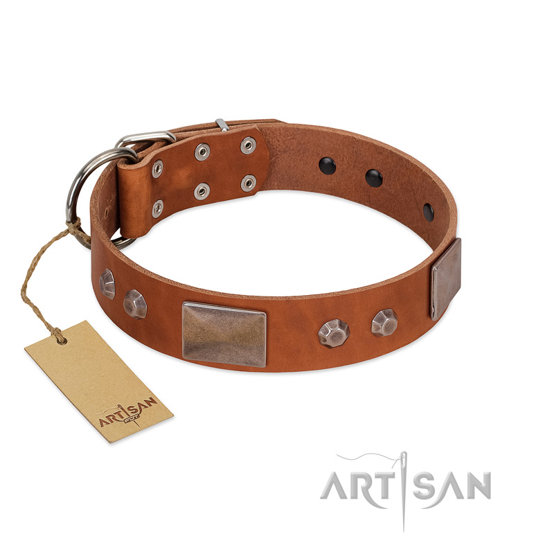 "Great Obelisk" Handcrafted FDT Artisan Tan Leather Great Dane Collar with Large Plates and Pyramids